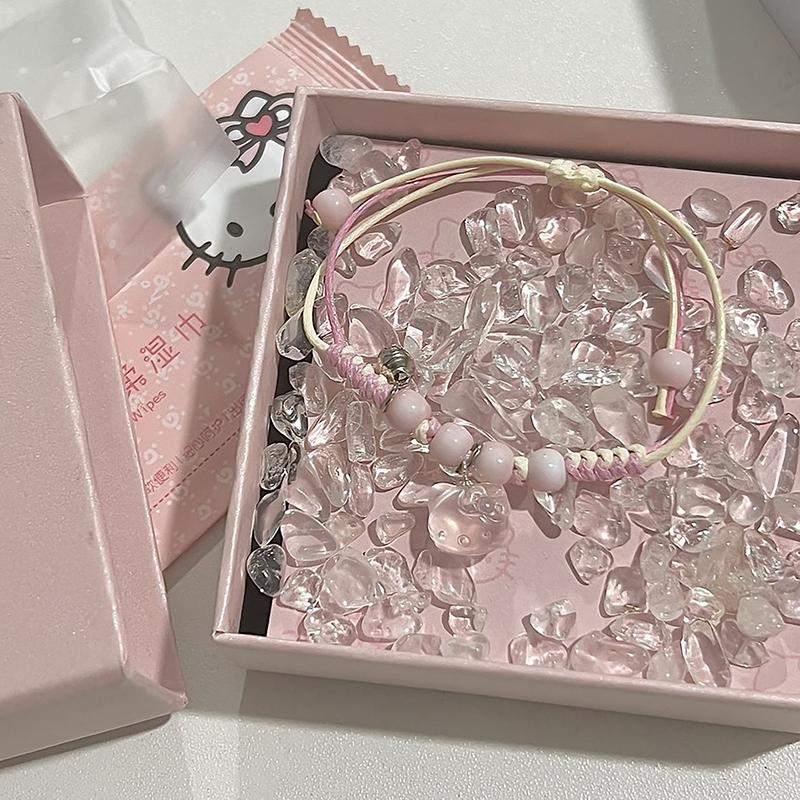 Kawaii Hello Kitty Bracelet Y2K Pink Bracelet Lucky Girl Braided Rope Bracelet Sweet Cute Pendant Friend Couple Jewelry Gift