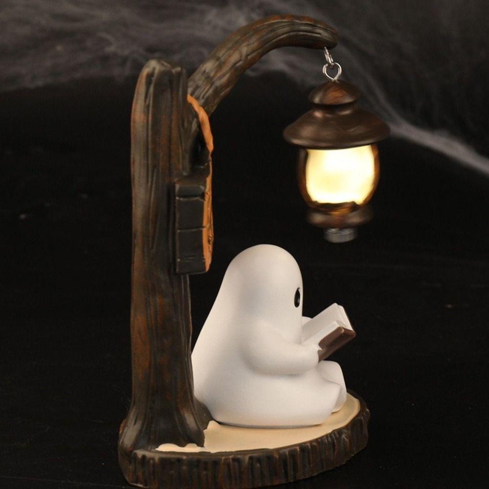 Resin Reading Ghost Figurine Hanging Lantern LED Ghost Decoration Bookshelf Decor