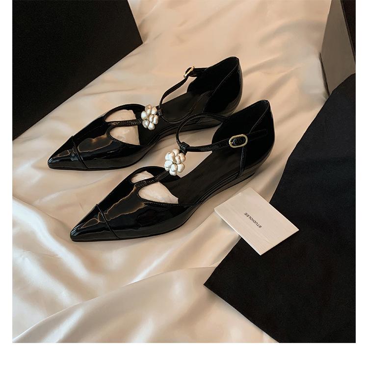 

Cowhide version small leather wedge heels high heels women s platform pointed shoes thick heel hollow Mary Jane single shoes ladyshoes 40