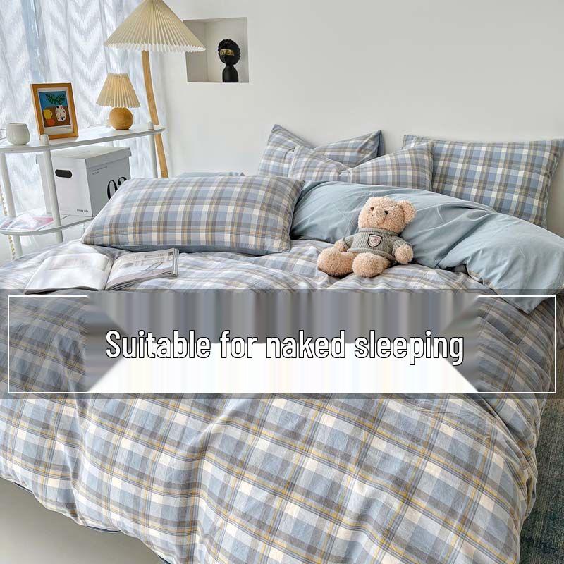 Muji Japanese Washed Cotton Flannel Plaid Bedding Set - 4 Pieces, Good Quality, Student Dormitory Style