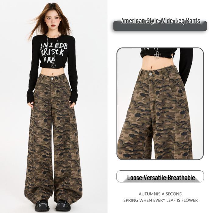 

2025 American Retro Camouflage Wide-Leg Pants with Adjustable Waist L