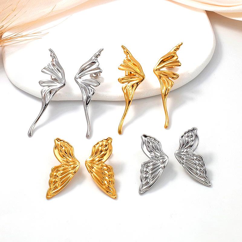 Gold Plated Titanium Steel Angel Wing Butterfly Earrings for Women - Elegant European & American Fashion
