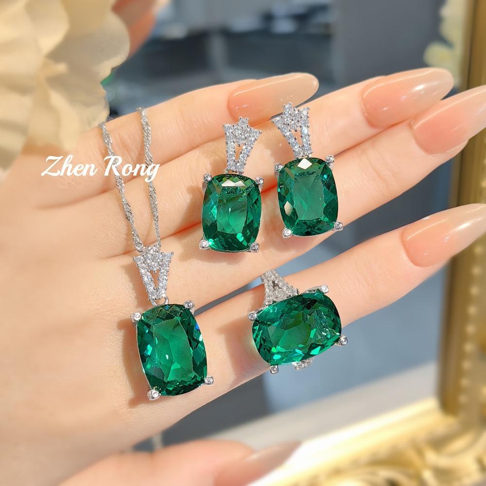 Fashionable Paraiba Green Jewelry Set for Women Crown Pendant Ring and Earrings with High Carbon Diamonds