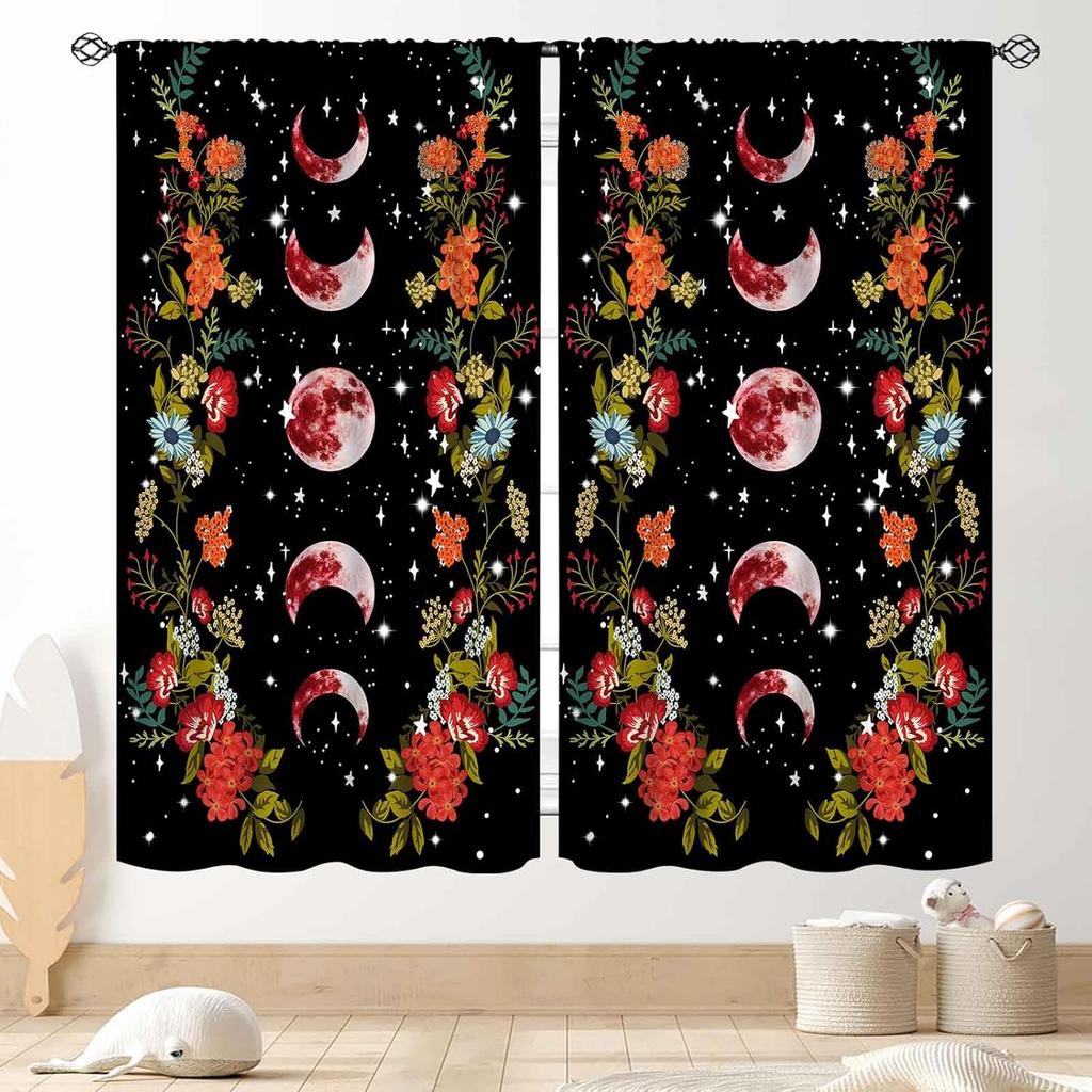 Wild Floral Moon Curtains, Boho Vintage Moon Phase Botanical Mid Century Moonlit Plants Aesthetic Spring Flower Blackout Window