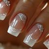 24pcs Medium Long Shiny Square Sparkling White French Style Wearing Nail, Gentle and Sweet Fake Nail, Women's Bridal Nail Art