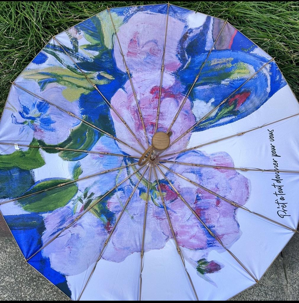 16 bone three-fold gold glue hand open wooden handle oil painting umbrella sun protection UV protection umbrella