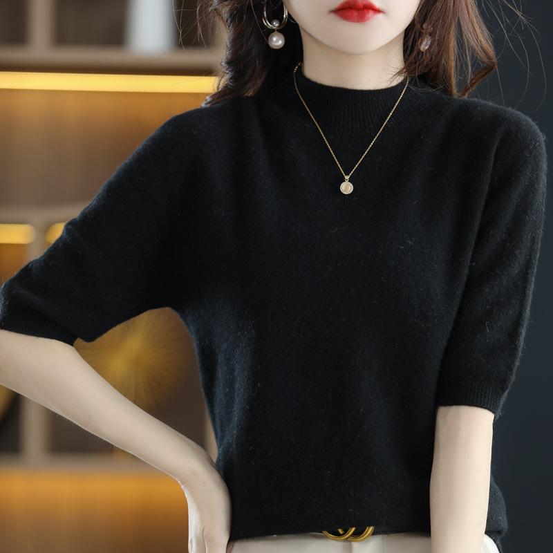 

Свитер с полуворотником и рукавом пять четвертей для женщин, базовая шерстяная рубашка, пуловер, внутренняя футболка с полурукавом, универсальные тонкие топы для верхней одежды XXL чёрный