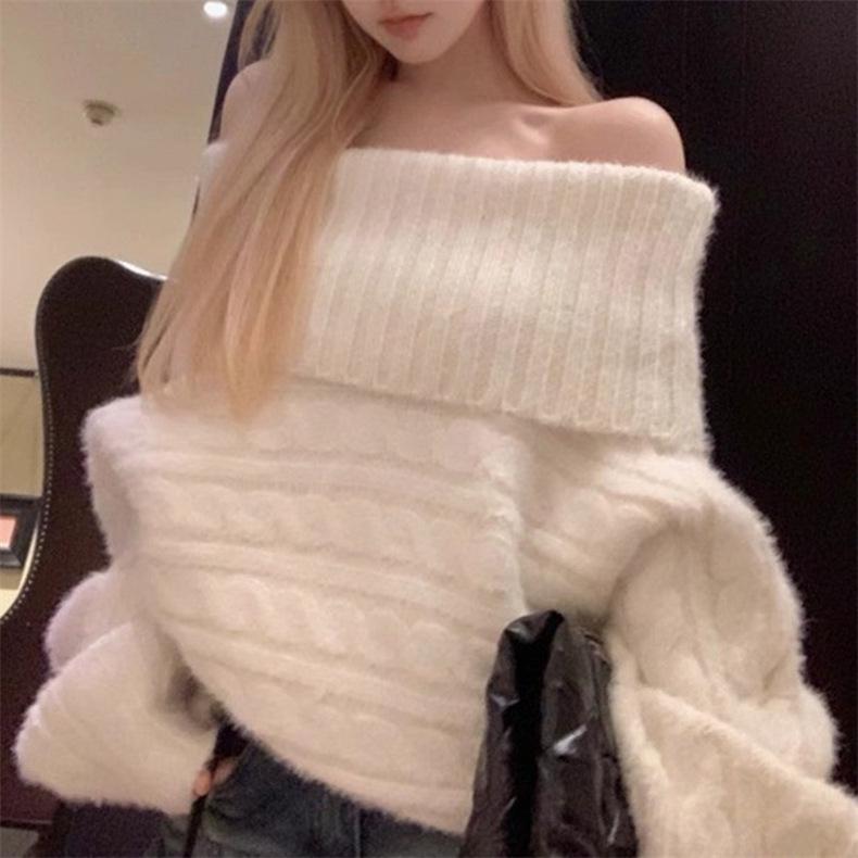 Women's Big Lapel Off-Shoulder Cable Knit Sweater: Cozy Autumn/Winter Loose Fit Pullover