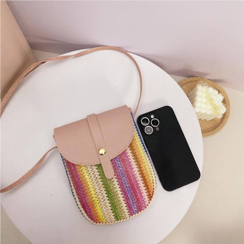 Straw Mobile Phone Bag Women's New Trendy Niche Design Woven Rainbow Strip Versatile Shoulder Bag Crossbody Women's Bag