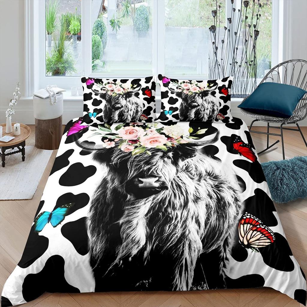 Highland Cow Duvet Cover King Sunflower Black Cattle Bedding Set Microfiber Farm Animal Cow Western Farmhouse Cattle Quilt Cover
