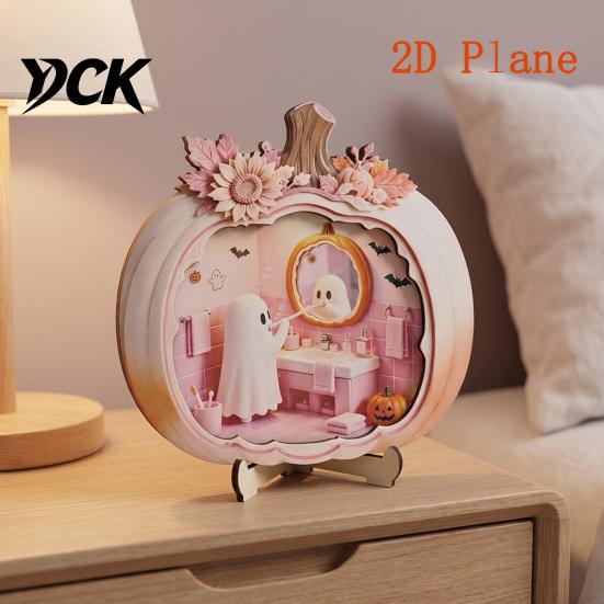 Cute Pastel Pumpkin Ornament Halloween Ghost Wooden Plaque, 2D Flat Tabletop Sign, Handmade Sign Spooky Bathing Reading for Home Office Mantel