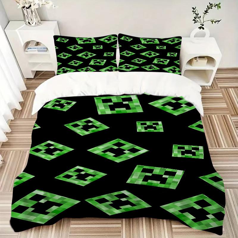 3pcs Minecraft Creeper Face Home Bedding Set-Universal Three-Piece Suit for Bedroom, Guest Room, Living Room, Hotel-Perfect Gift for Fans, T
