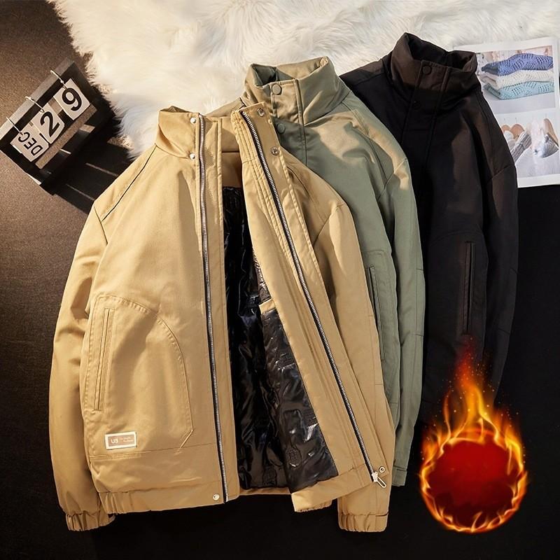 Men's Autumn and Winter with Wool Thickened Cotton-padded Jacket Youth New Large Size Standing Collar Warm Coat