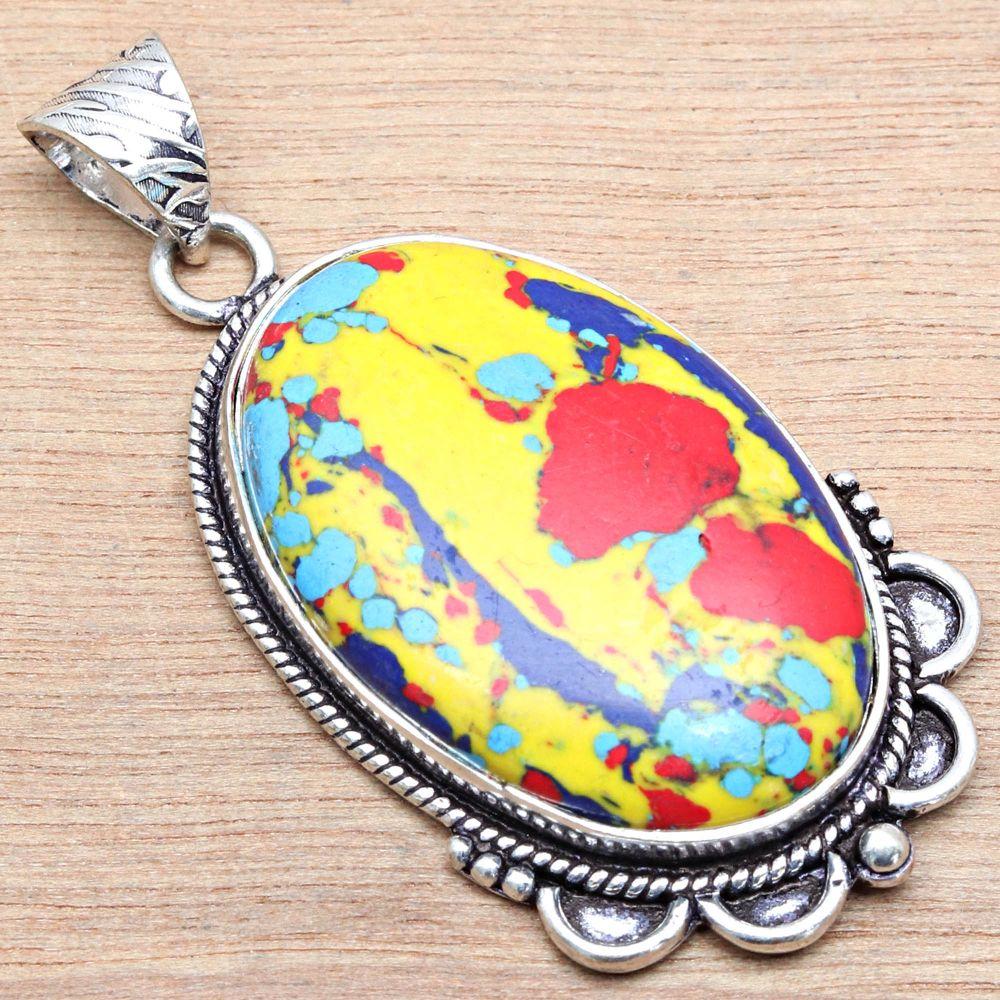 Pendant Mosaic Jasper Gemstone Handmade Mother's Day Gift Silver Jewelry 2"