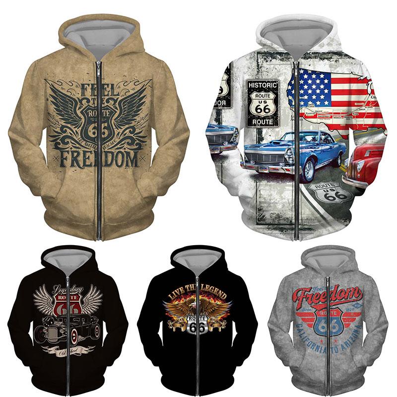 

Весенне-осенняя модная толстовка на молнии с 3D-принтом Route 66, мужская и женская толстовка
