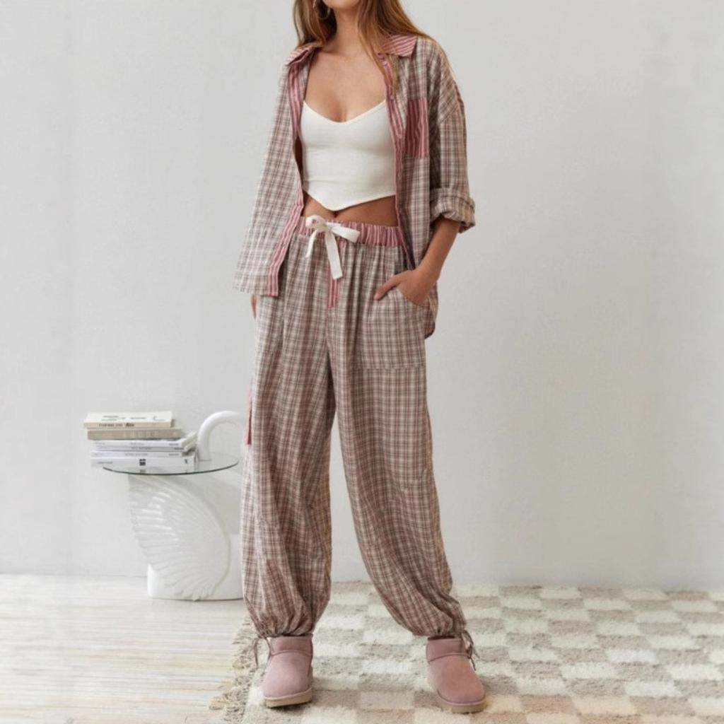 New Arrival Fall Women's Plaid Check Long Sleeve Loungew Set Pajamas Two Piece Casual Sleepwear Homewear
