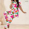 Women Plus Size Floral Printed Round Neck Short Sleeve Long Top And Fitted Pants Two Piece Set