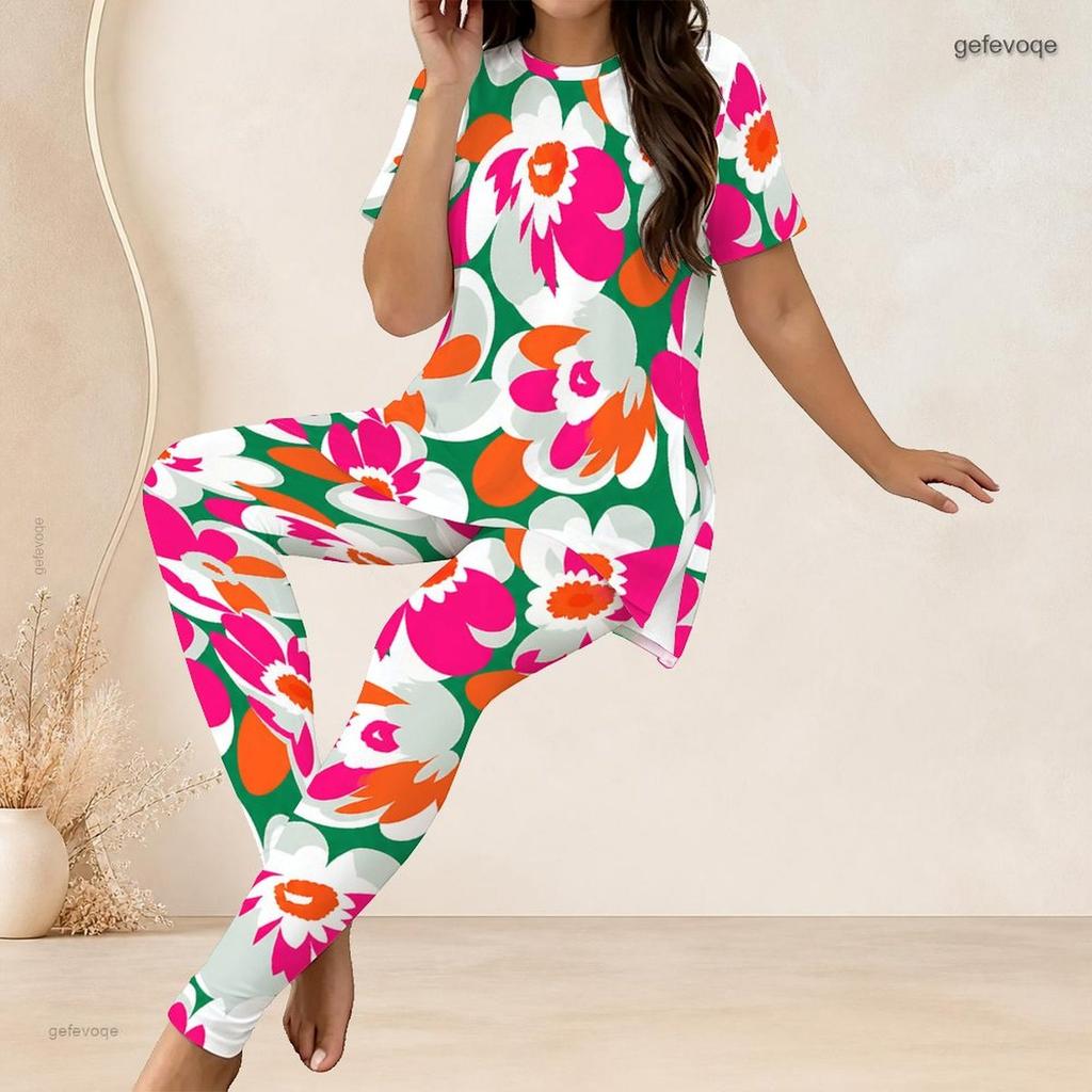 Women Plus Size Floral Printed Round Neck Short Sleeve Long Top And Fitted Pants Two Piece Set