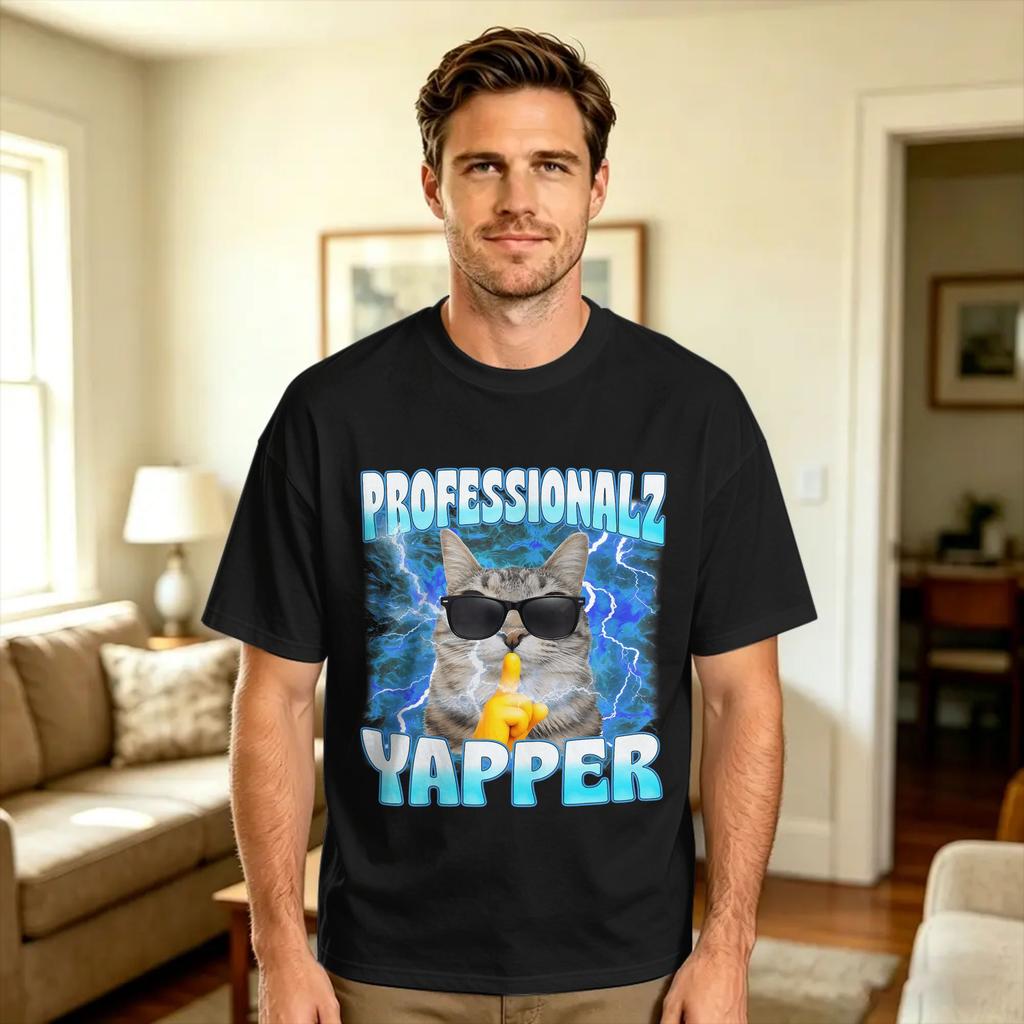 Professional Yapper Funny Cat Meme Cotton Tshirt For Unisex Summer Vintage T Shirts Leisure Tees Plus Size Print Clothing