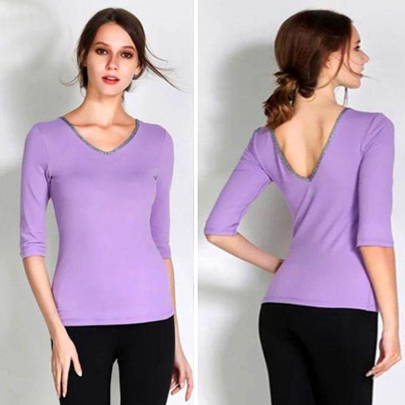 

Женская футболка для йоги с рукавами до локтя, тренировочный топ, облегающая спортивная, нейлон, быстросохнущая, с нагрудными подушечками, V-образный вырез, эластичная, фиолетовая Violet S
