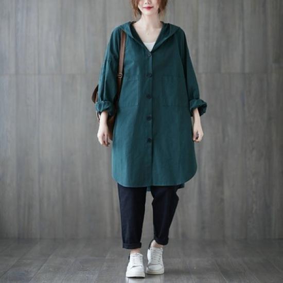 2025 Autumn New Loose Plus Size Hooded Mid-Length Casual Shirt Jacket for Women
