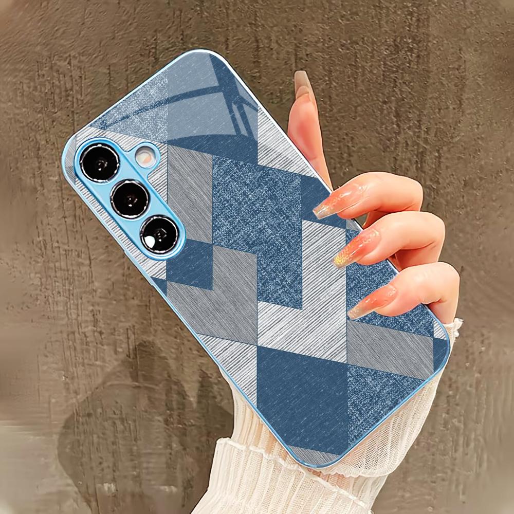 blue check pattern PhoneCase for Samsung Galaxy S26 S25 S24 S23 S22 FE Ultra Plus Built-in glass feel bare machine Men women