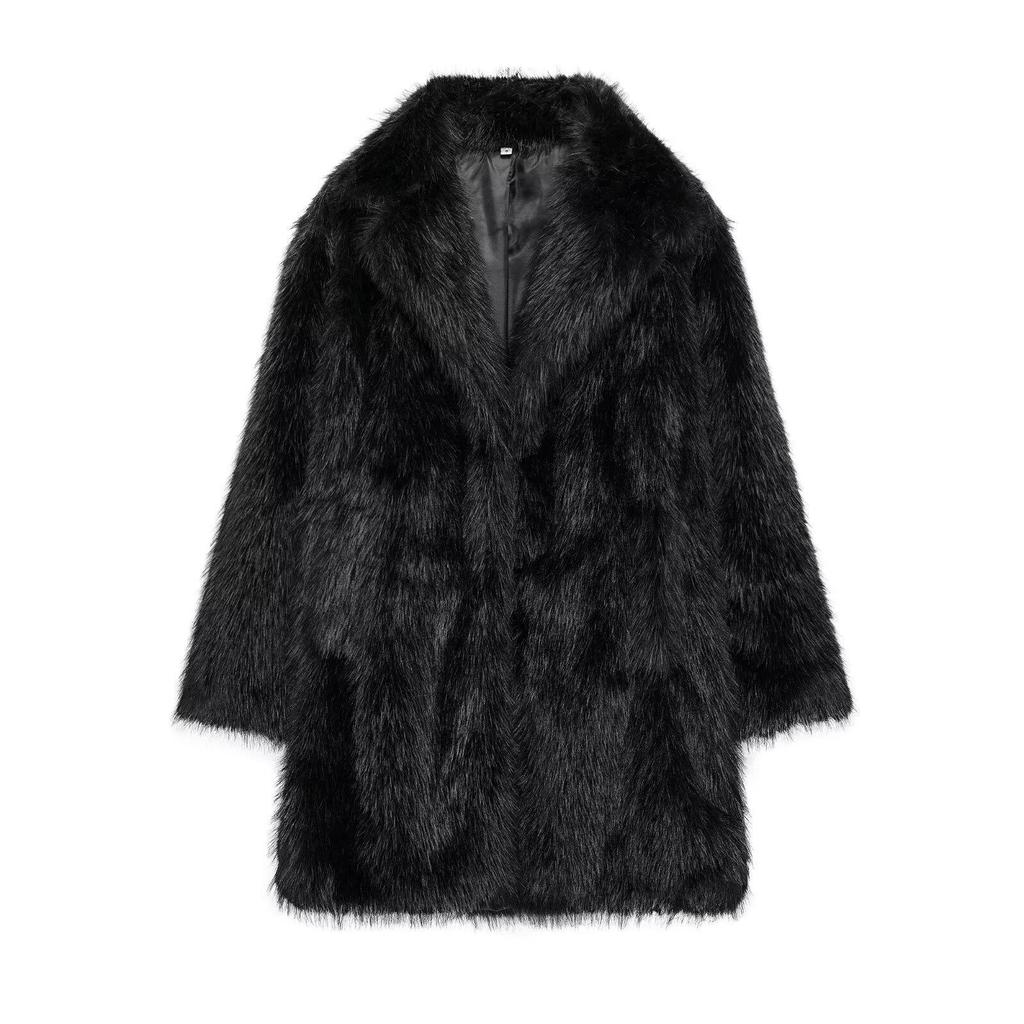 Eco-Friendly Faux Fur Women's Mid-Length Coat - Warm Fuzzy Winter Jacket