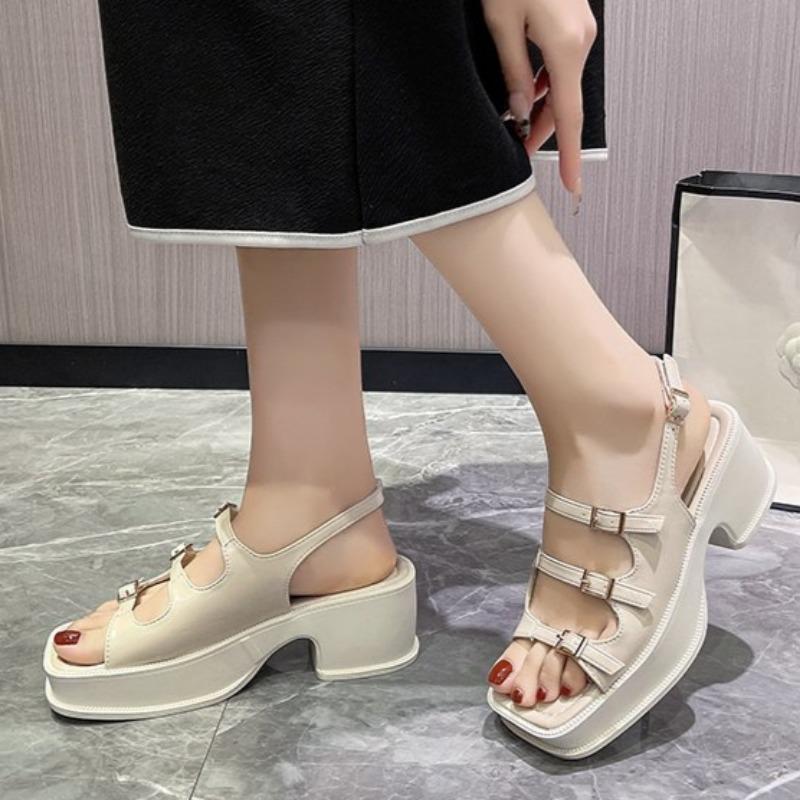 Fashion Women's Fashion Chunky Sandals Summer New Square Head Open Toe Metal Buckle Platform Non-slip High Heels