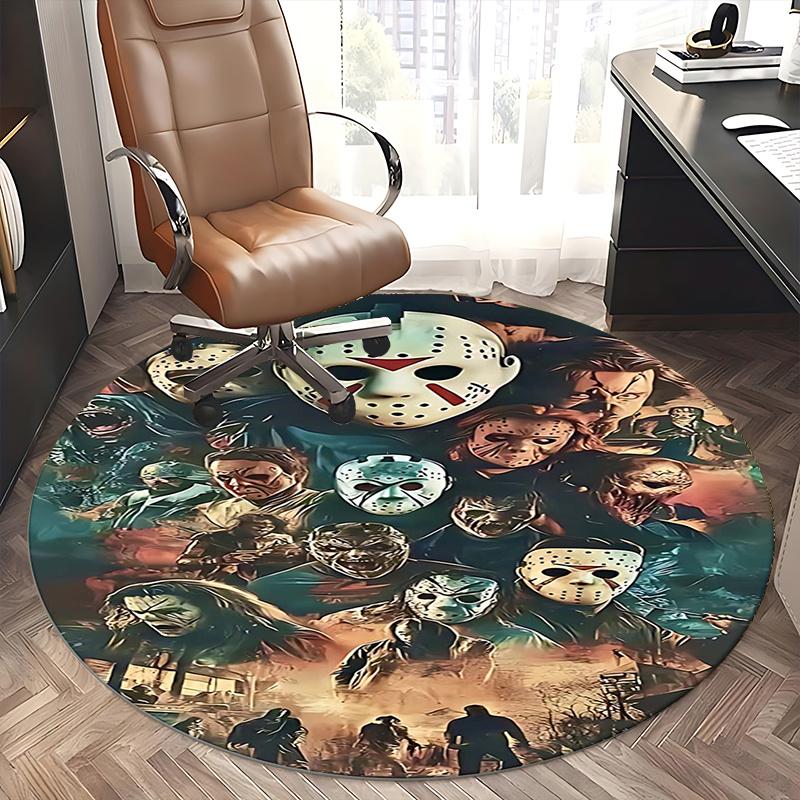 Horror Movie Characters,Halloween Mask Print Chair Mat Round Rug Office Carpet, Machine Washable, Non Slip, Suitable for Living Rooms, Bedrooms
