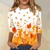 Women's Fashion 3/4 Sleeve Round Neck Top with Maple Leaf Print for Casual Wear