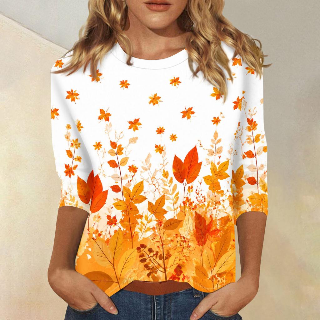 Women's Fashion 3/4 Sleeve Round Neck Top with Maple Leaf Print for Casual Wear