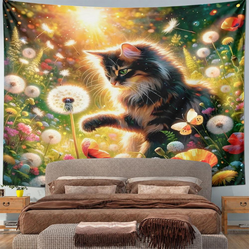 "Cat In Colorful Flower Meadow" Pattern Wall Hanging Tapestry Decorative Tapestry Home Decor for Bedroom and Living Room