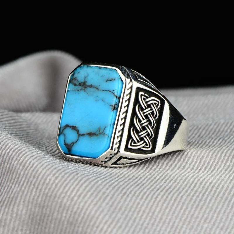 European and American Personality Retro Viking Totem Turquoise Men's Fashion Jewelry Punk Hip Hop Ring Ring