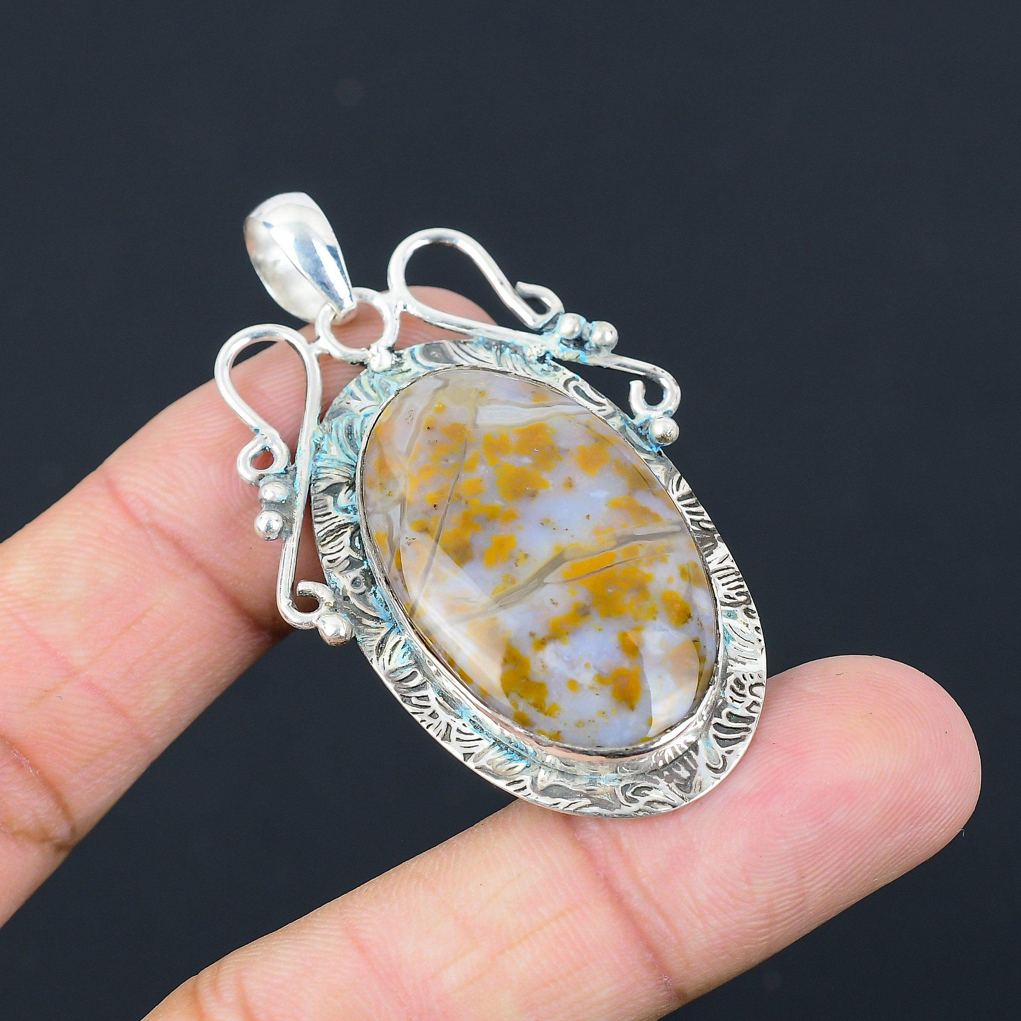 Daughters Day Deal Oval Plume Agate Stone 925 Sterling Silver Boho New Pendant