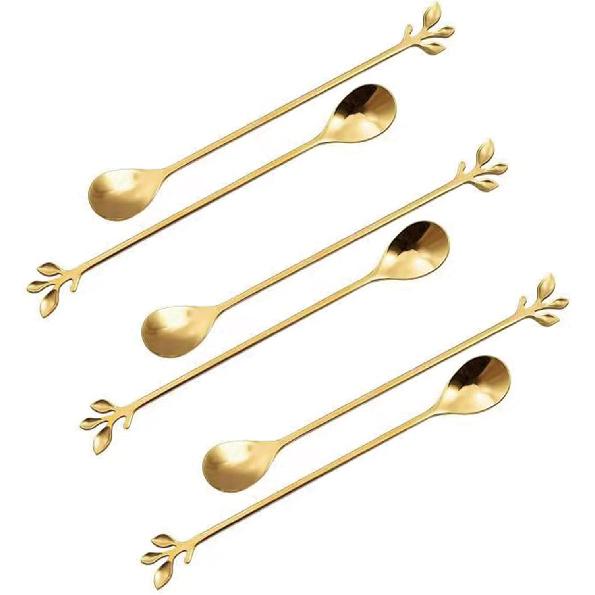 Long Handle Ice Tea Spoons Set Ice Cream Leaf Spoon Stainless Steel Cocktail Stirring Spoon Gold Coffee Spoons For Coffee Bar Dessert Hottea Shakes