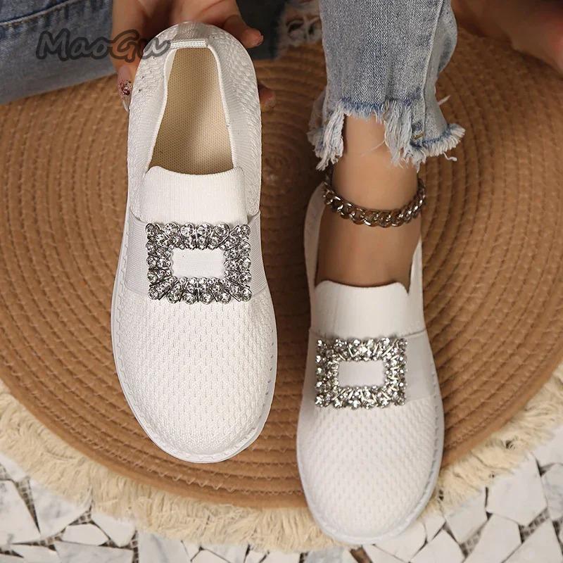 Modische Strass-Netz-Strick-Slipper für Damen Atmungsaktive Slip-On Casual Flats Damen Herbst 2025 Weiche Sohle Laufschuhe Größe 36 42