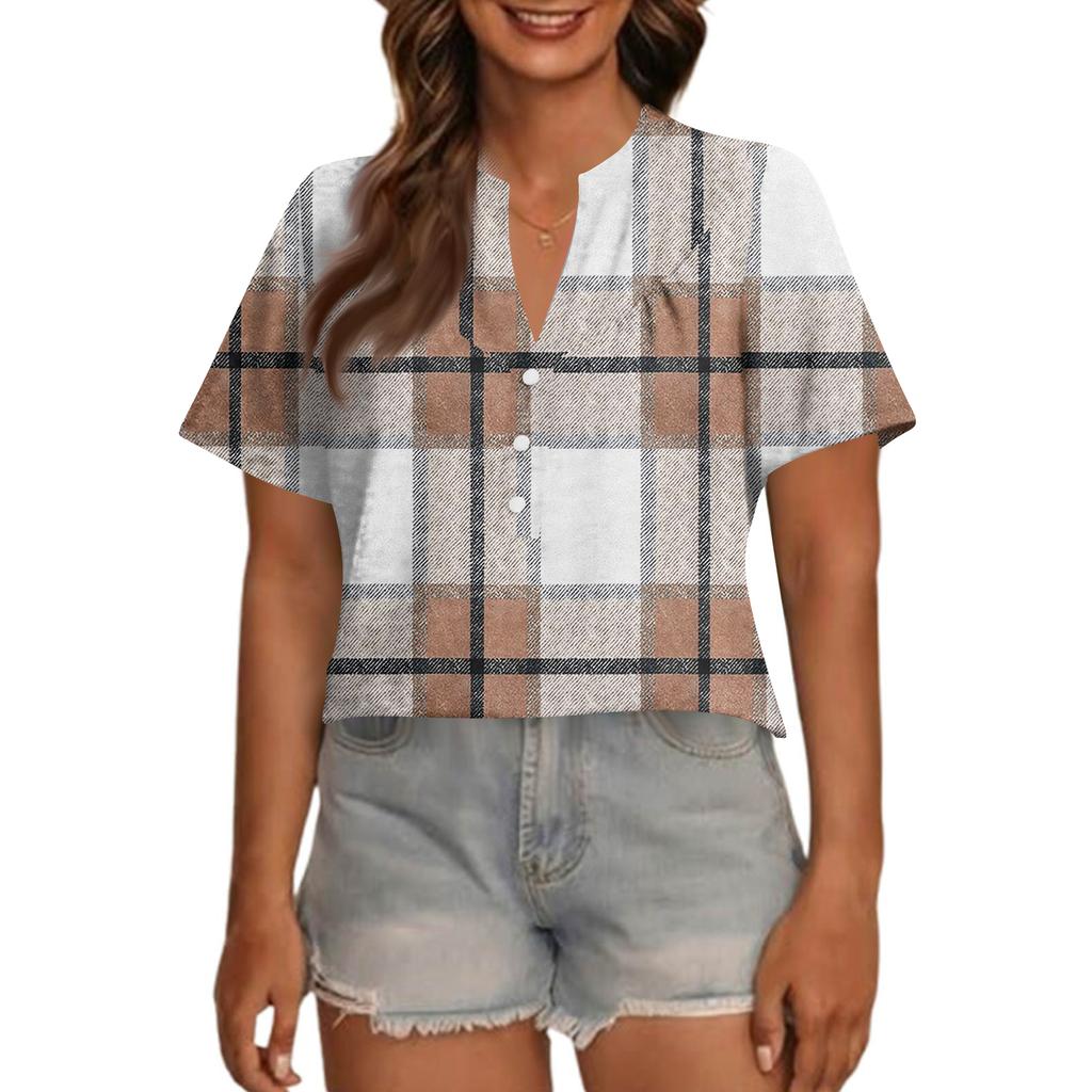 Women's Fashionable Casual V Neck Button Up Oversized Short Sleeve Printed Top
