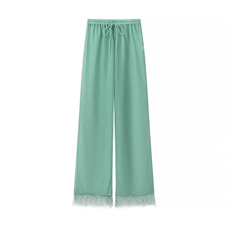 Kaslead New Arrival Women's Clothing Fashion Style Fashion Minority Design Long Sleeves Feather Coat Casual Pants Suit