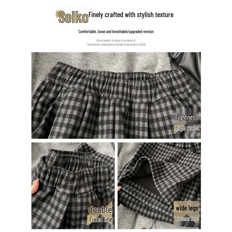 Korean Retro High Waist Plaid Wool-Blend Fleece Lined Wide-Leg Pants XS