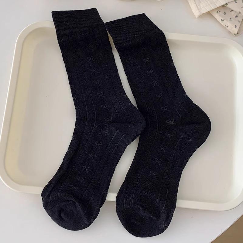 Women's Spring and Summer Thin Bow Tied Pure Cotton Mesh Mid Calf Socks