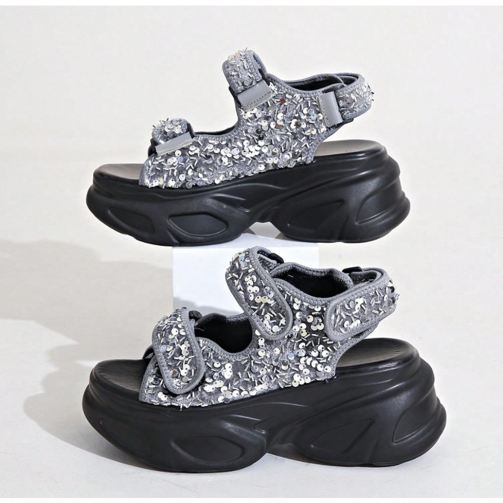 Silver Chunky Platform Sports Sandals for Women Summer Hook Loop Wedge Heel Sandals Woman Thick Bottom Casual Sandles