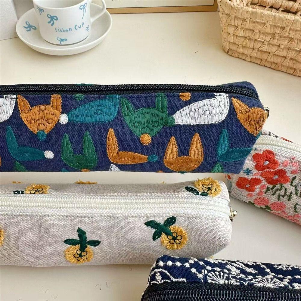 Floral Embroidered Pencil Case Flower Cloth Stationery Bag Korean Style Pen Bag  Stationery Holder