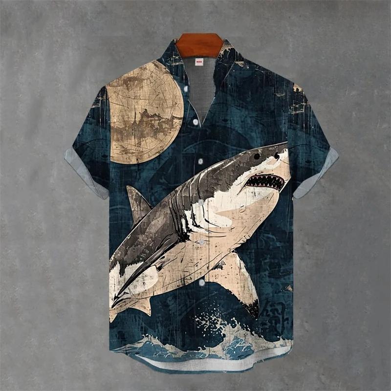 Japanese Animal Graphic Men's Shirt Summer Casual Short Sleeve Tops Hawaiian Tiger Shirts Men Oversized Lapel Button T-Shirt Man