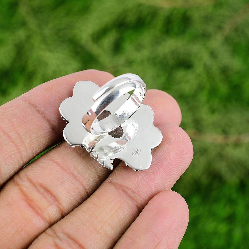 Natural Moonstone Gemstone Stackable Flower White Adjustable Ring 925 Silver