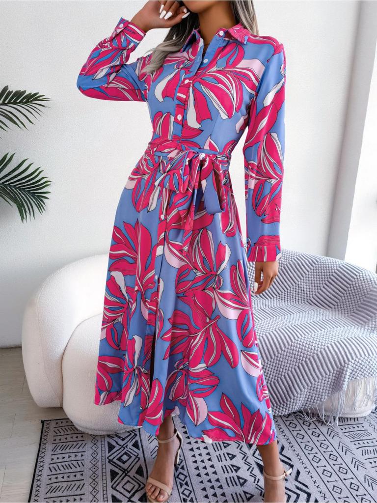 Abito Stampato con Colletto Revers Bottoni Vita Alta Elegante Abito Camicia per Donna Manica Lunga Abiti Ampi Abito Casual