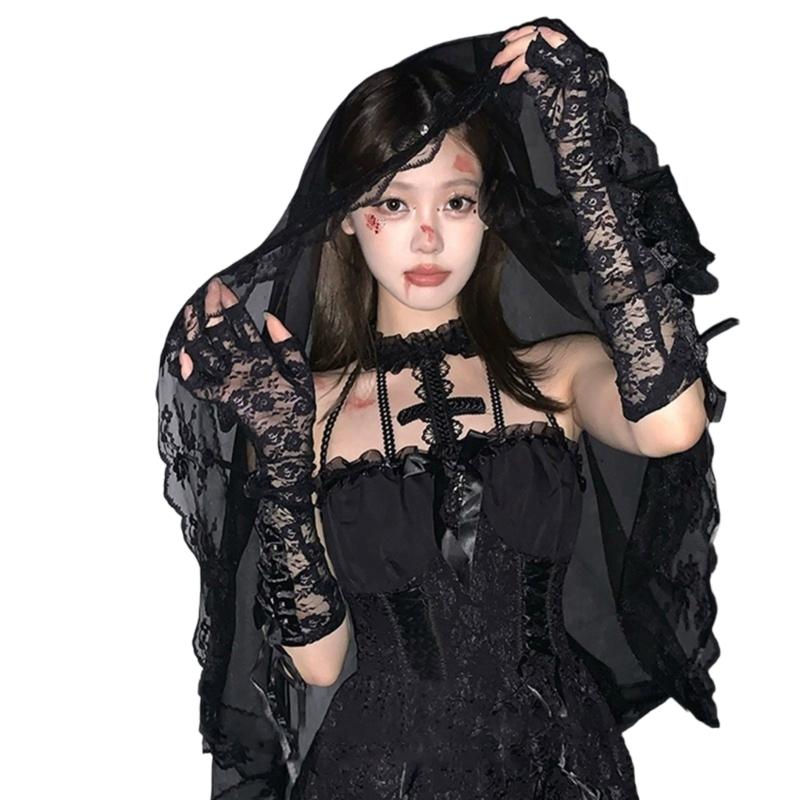 Dunkle Serie Hochzeits Schleier mit Spitze Besatz Blumendesign Brautparty Schleier für Maskerade Party und Punk Themen Veranstaltung