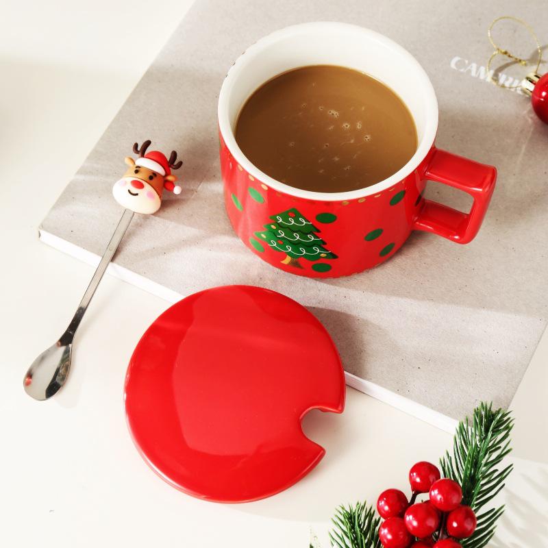 Cute Elk Christmas Ceramic Mug Set with Lid & Spoon - Perfect Holiday Gift