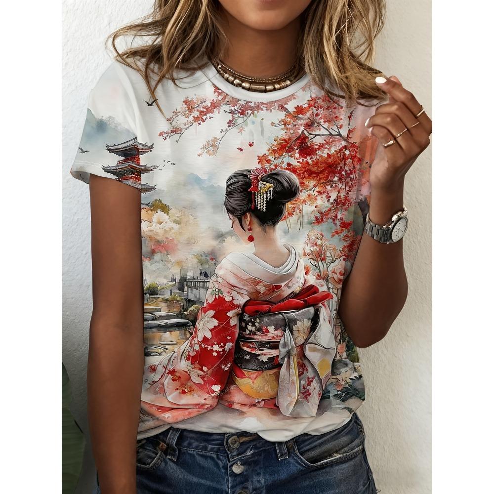 Ladies full printed logo T-shirt and geisha full printed pattern 2XS