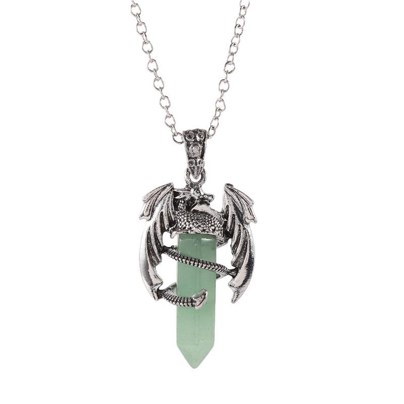 Vintage Flying Dragon Pendant Necklace with Amethyst, Rose Quartz, and Tiger Eye Gems