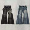 American Trendy Y2K Harajuku Retro Pattern Embroidery Washed Blue Jeans Women's Street Fashion Slim Pants